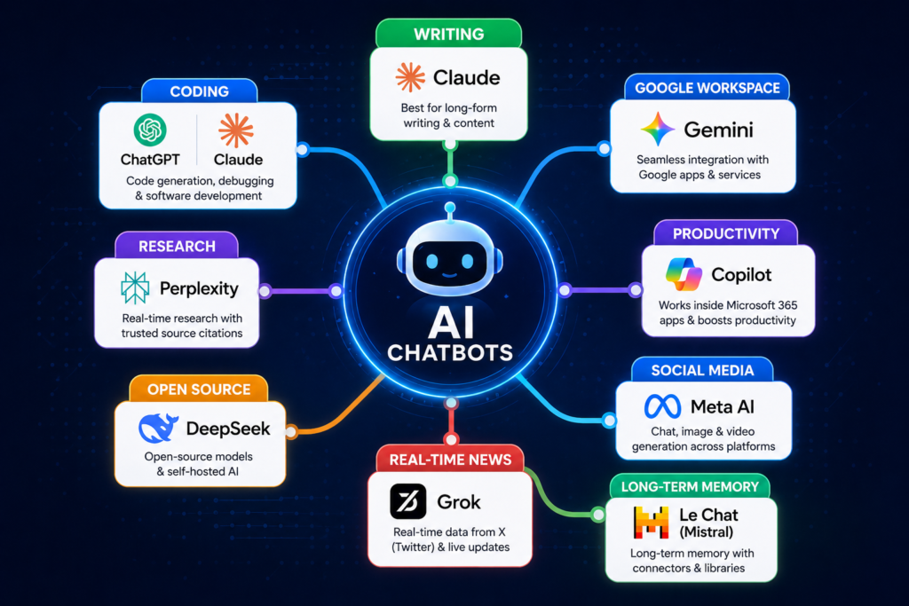 AI chatbot ecosystem diagram showing writing coding research productivity social media and open source chatbot categories