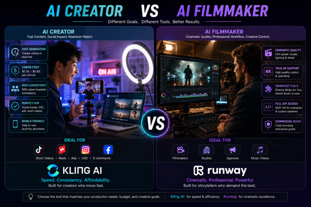 AI creator vs AI filmmaker comparison showing Kling AI for social media creators and Runway for cinematic production
