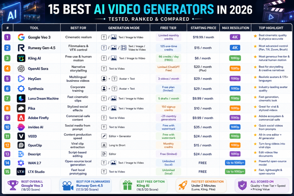 Infographic comparing the best AI video generators by pricing, free tier, resolution, and generation modes in 2026