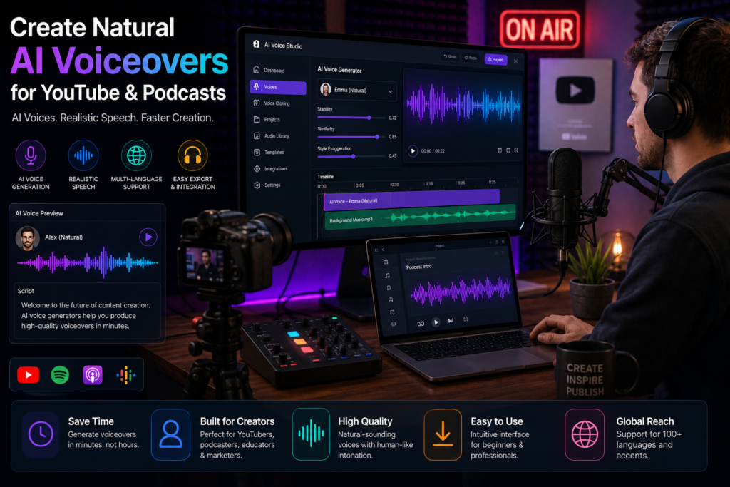 AI voiceover studio setup for YouTube videos, podcasts, and content creators using realistic AI narration tools