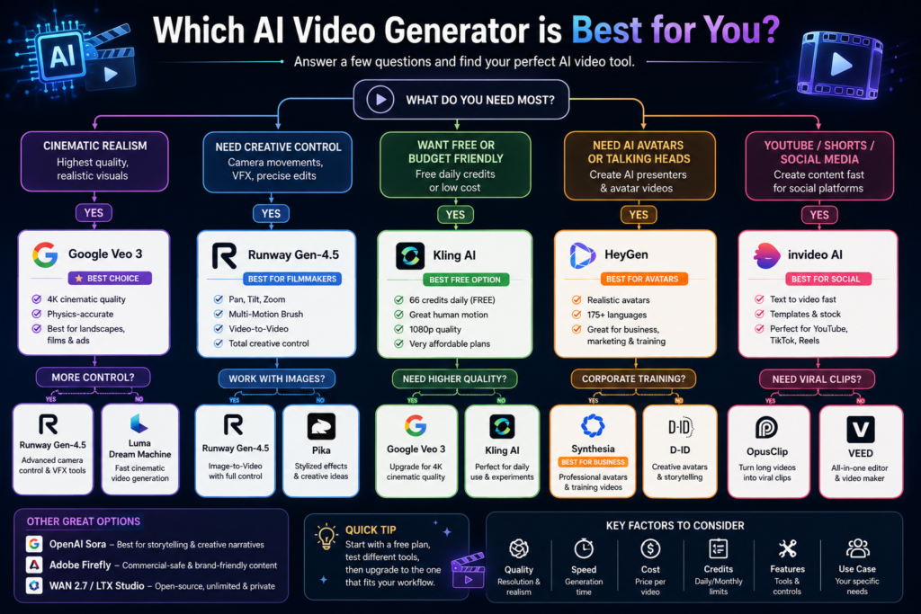 Decision flowchart helping users choose the best AI video generator based on use case and budget