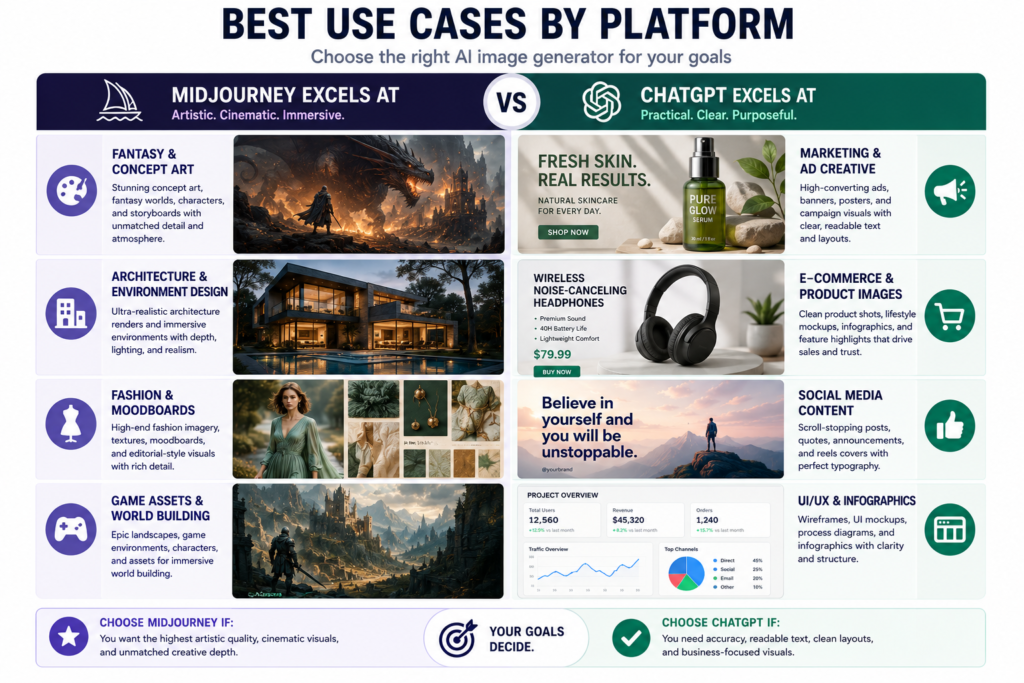 Best use cases comparison for Midjourney and ChatGPT including concept art, marketing ads, ecommerce mockups, and UI design