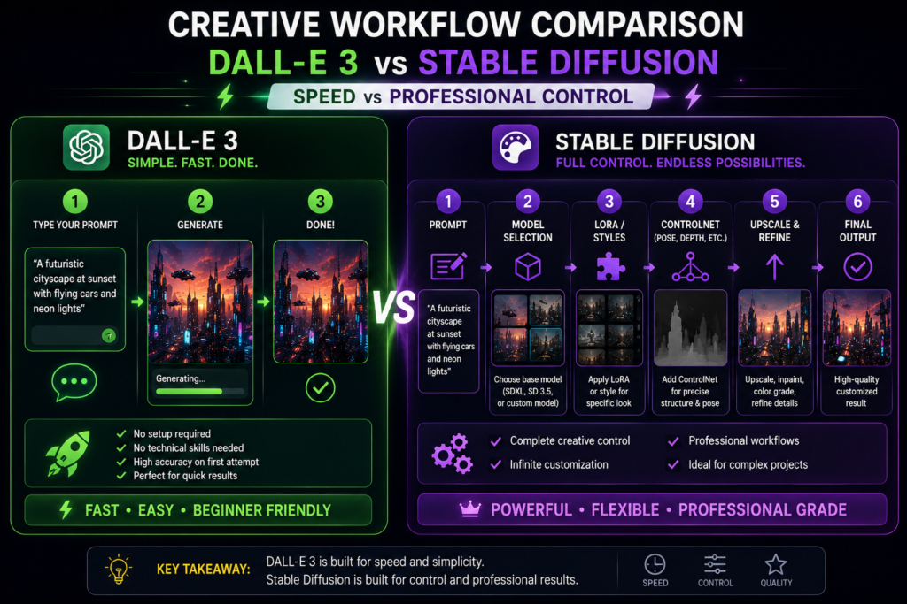 Casual creator using DALL-E 3 compared with professional Stable Diffusion designer workflow setup
