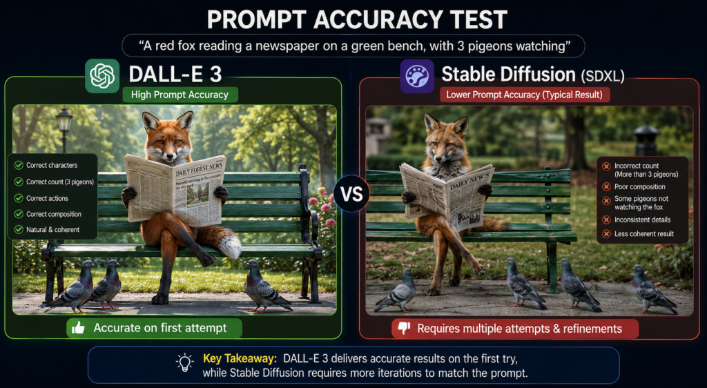 DALL-E 3 and Stable Diffusion prompt accuracy comparison with red fox reading newspaper and pigeons test prompt