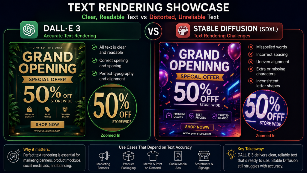 Text rendering comparison between DALL-E 3 and Stable Diffusion showing readable typography versus distorted AI text