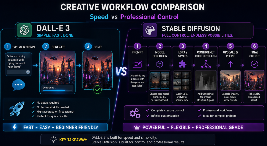 Workflow infographic comparing DALL-E 3 simplicity with Stable Diffusion ControlNet and LoRA customization pipeline