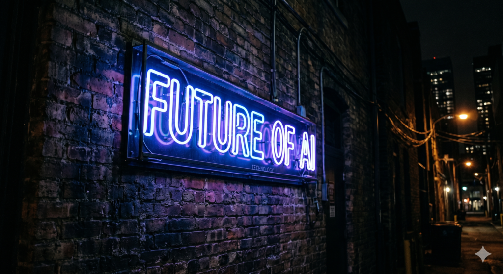 Blue neon sign reading "Future of AI Technology" mounted on a dark brick wall at night in an urban street