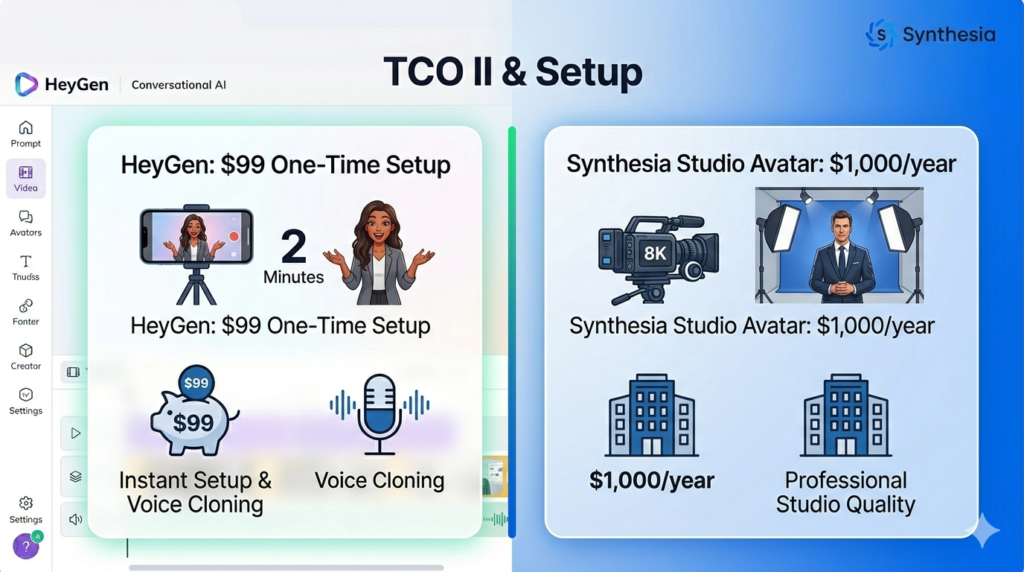 HeyGen custom avatar costs $99 one-time with 2-minute setup and voice cloning; Synthesia Studio Avatar costs $1,000 per year with professional 8K studio recording equipment