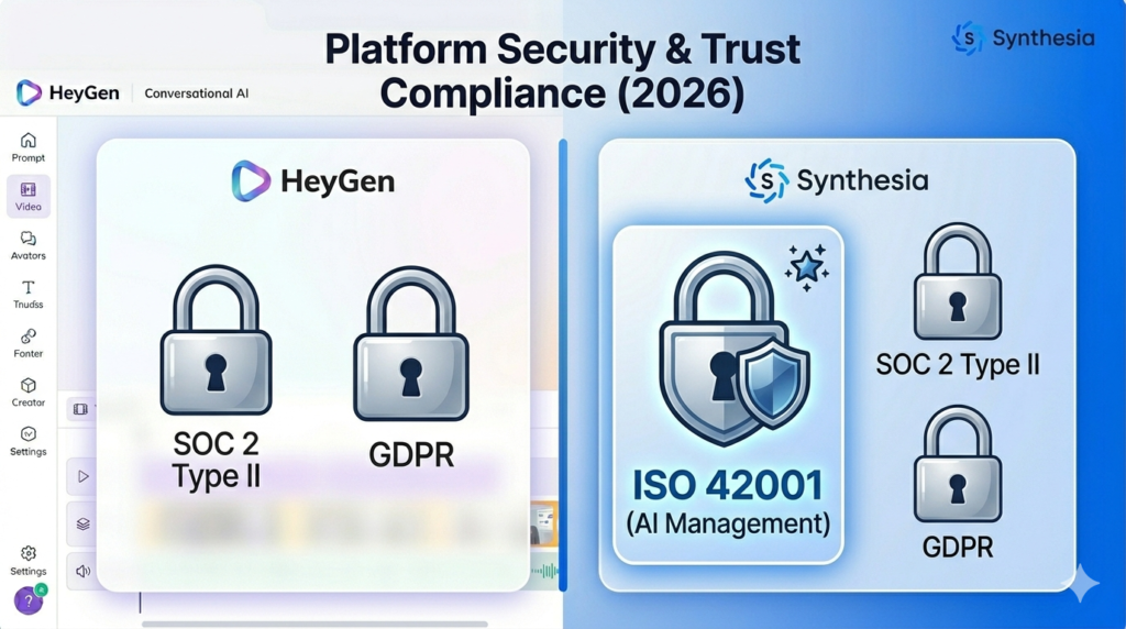 HeyGen holds SOC 2 Type II and GDPR certifications; Synthesia holds ISO 42001 AI Management System, SOC 2 Type II, and GDPR certifications in 2026
