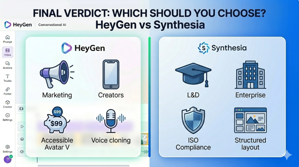 HeyGen use cases: marketing, creators, $99 Avatar V, voice cloning; Synthesia use cases: L&D, enterprise, ISO compliance, structured slide-deck editor