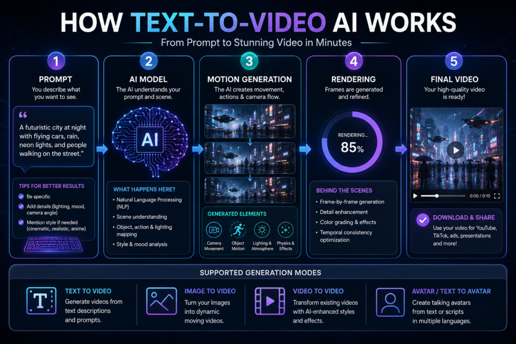 Diagram explaining how text-to-video AI generators convert prompts into cinematic videos