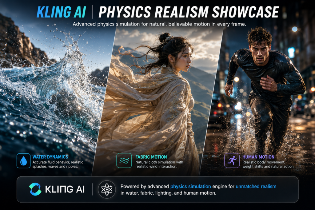 Kling AI physics realism showcase with water dynamics, fabric motion, and realistic human movement
