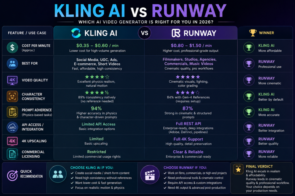 Kling AI vs Runway pricing and feature comparison infographic for creators and filmmakers
