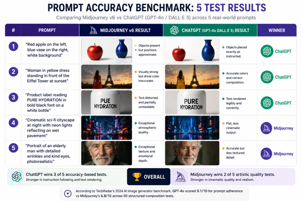 Prompt accuracy benchmark comparing Midjourney V6 and ChatGPT GPT-4o across 5 AI image generation tests