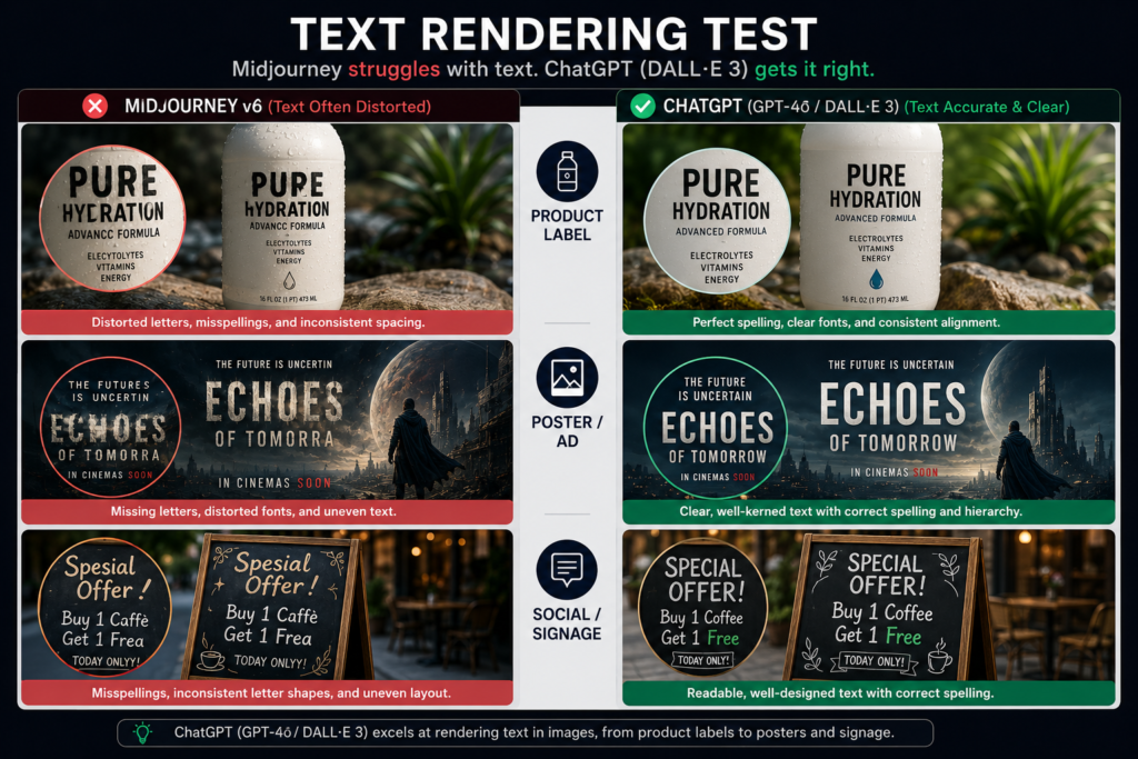 Text rendering comparison showing Midjourney distorted typography vs ChatGPT readable AI-generated text