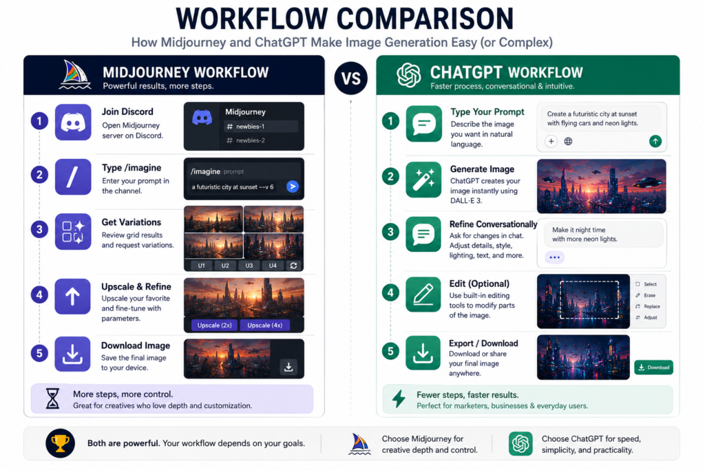 Workflow comparison between Midjourney Discord image generation process and ChatGPT conversational editing workflow
