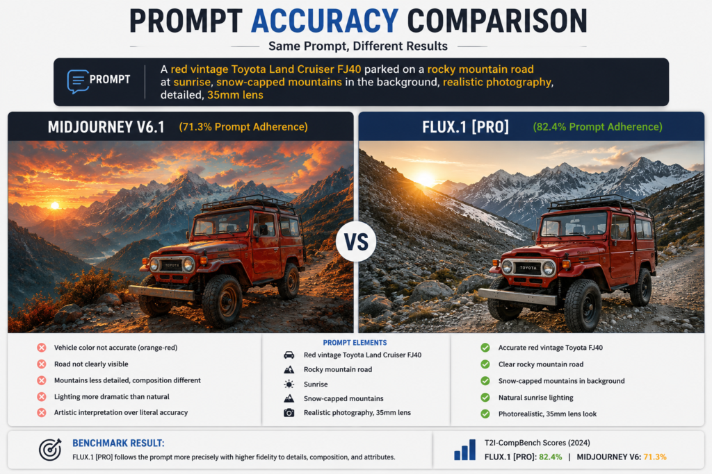 Prompt accuracy comparison between Midjourney V6.1 and FLUX.1 Pro using the same AI image prompt