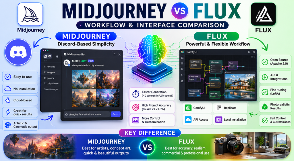 Workflow and interface comparison between Midjourney Discord workflow and FLUX ComfyUI API pipeline