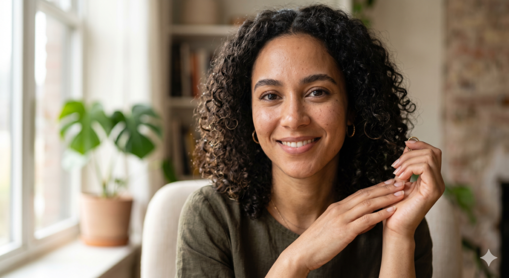 Photorealistic AI-generated portrait of a woman with curly dark hair smiling in a bright home setting with natural window lighting and plants