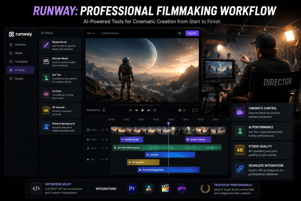Runway AI professional filmmaking workflow with Director Mode, Motion Brush, and cinematic editing tools
