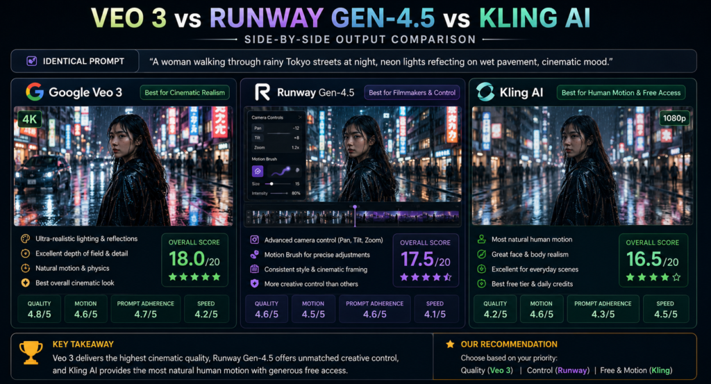 Side-by-side comparison of Veo 3, Runway Gen-4.5, and Kling AI using the same cinematic Tokyo prompt