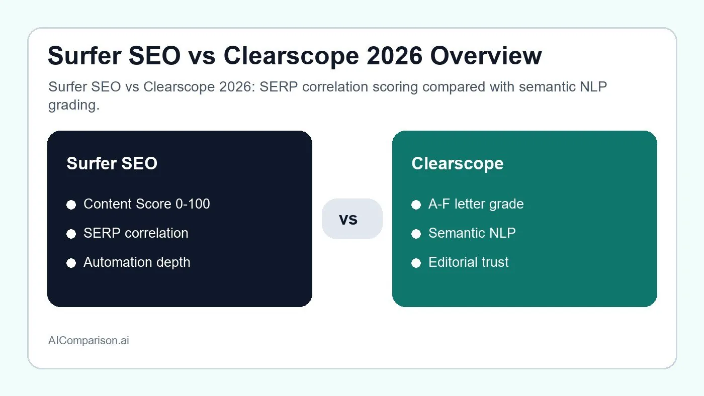 Surfer SEO vs Clearscope 2026 overview comparing SERP-based scoring and semantic NLP scoring