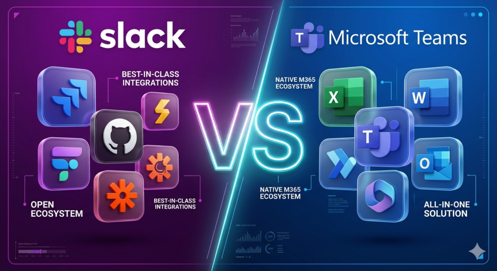 Slack open ecosystem vs Microsoft Teams all-in-one platform comparison