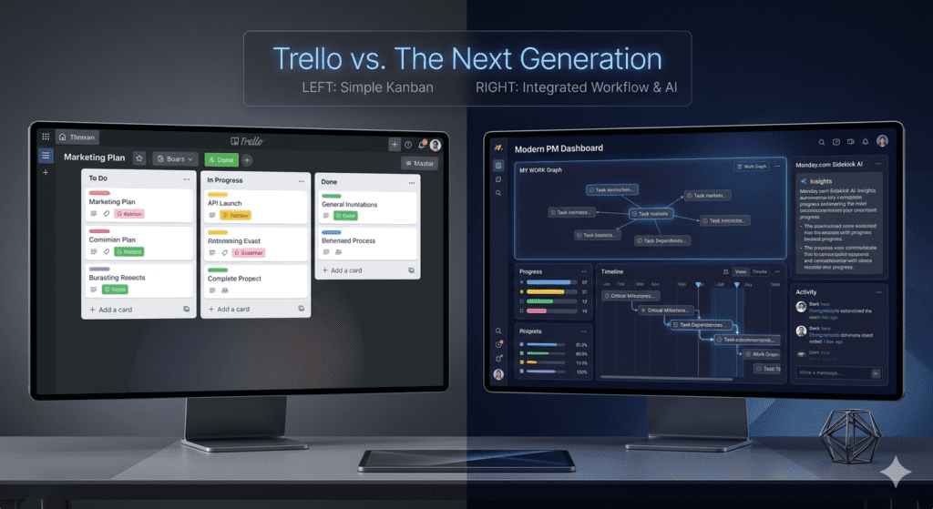 Trello kanban board showing simple task cards on the left versus Monday.com integrated workflow dashboard with AI, timeline, and progress tracking on the right