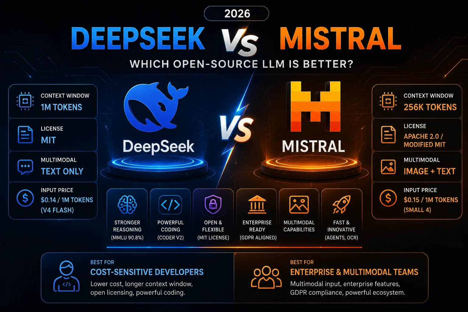 DeepSeek vs Mistral 2026 comparison showing pricing, context window, licensing, multimodal support, and enterprise features