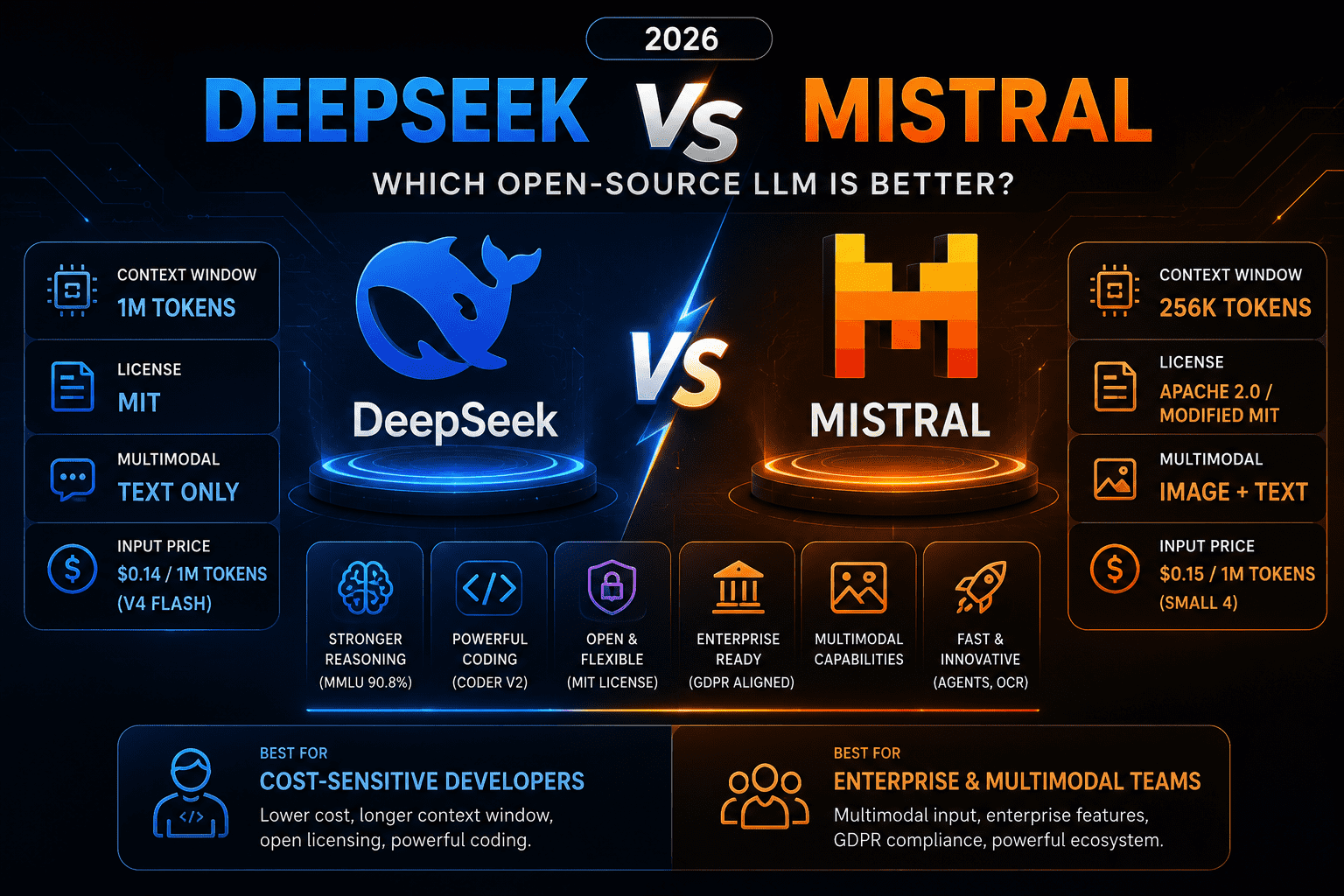 DeepSeek vs Mistral 2026 comparison showing pricing, context window, licensing, multimodal support, and enterprise features