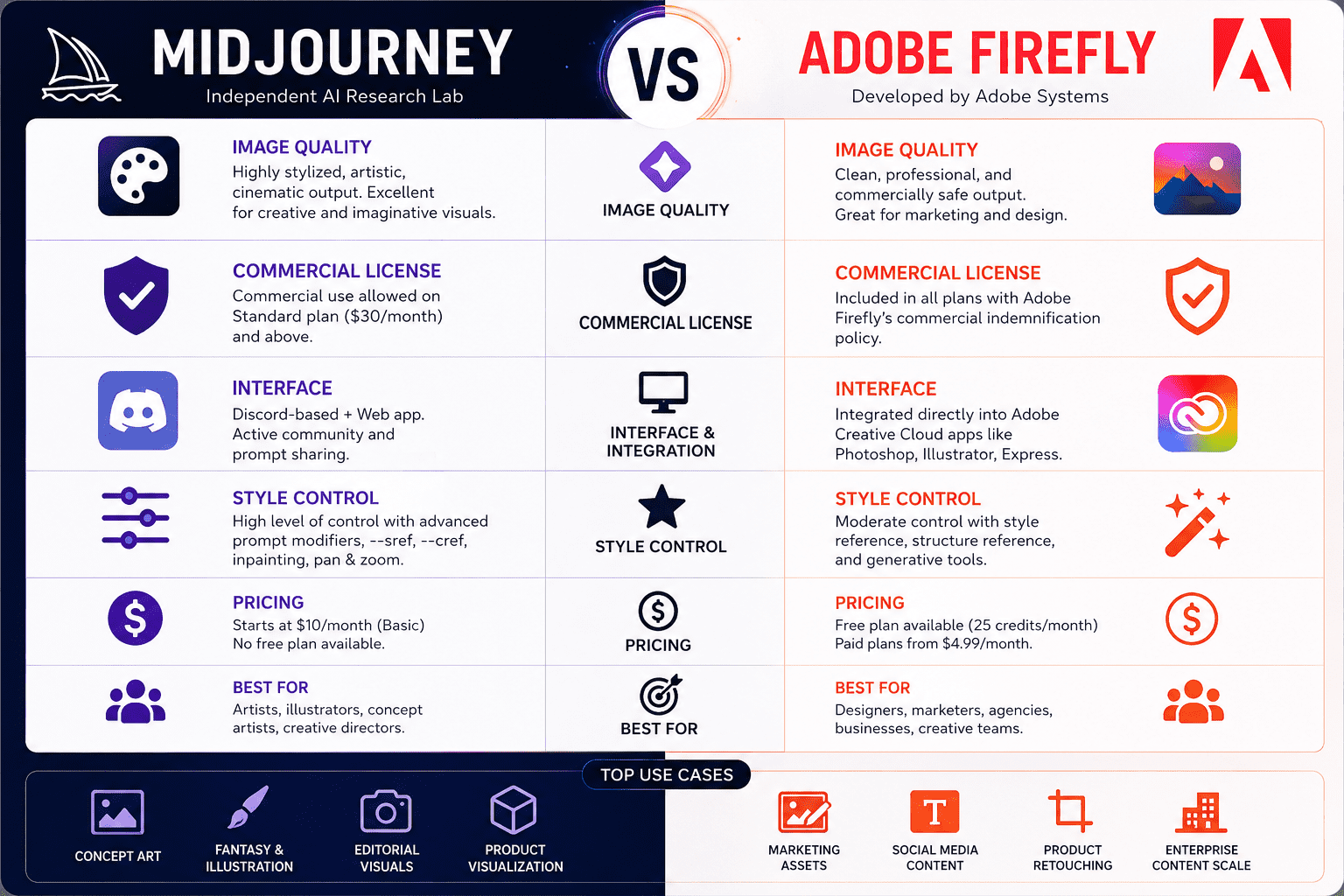 Midjourney vs Adobe Firefly comparison infographic showing image quality, pricing, commercial licensing, integrations, style control, and best use cases in 2026