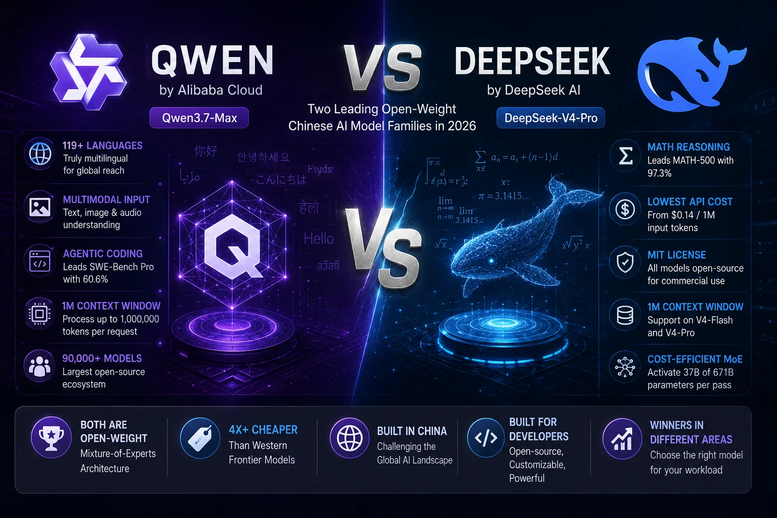 Qwen vs DeepSeek comparison showing Alibaba Cloud Qwen and DeepSeek AI models with coding, multilingual, reasoning, and open-weight AI capabilities in 2026