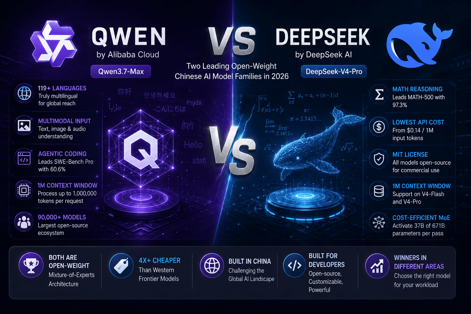Qwen vs DeepSeek comparison showing Alibaba Cloud Qwen and DeepSeek AI models with coding, multilingual, reasoning, and open-weight AI capabilities in 2026