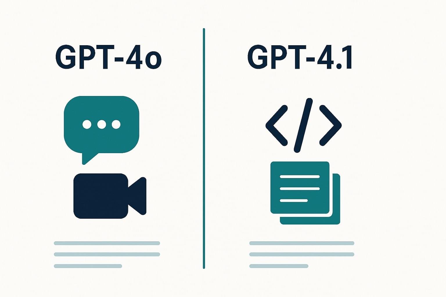 GPT-4o vs GPT-4.1 quick comparison chart showing real-time chat and video strengths of GPT-4o versus coding and document strengths of GPT-4.1